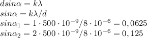 dsin \alpha =k\lambda&#10;\\&#10;sin \alpha =k\lambda/d&#10;\\&#10;sin \alpha _1=1\cdot 500 \cdot 10^{-9}/8\cdot 10^{-6}=0,0625 \\ sin \alpha _2=2\cdot 500 \cdot 10^{-9}/8\cdot 10^{-6}=0,125