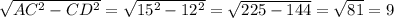 \sqrt{ AC^{2} - CD^{2} } = \sqrt{ 15^{2} - 12^{2} } = \sqrt{225-144} = \sqrt{81} =9