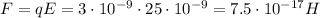 F=qE=3\cdot10^{-9}\cdot25\cdot10^{-9}=7.5\cdot10^{-17}H