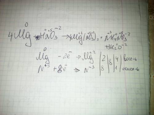 Уравняйте реакцию методом электроного mg+hno3= mg(no3)2+nh4no3+h2o