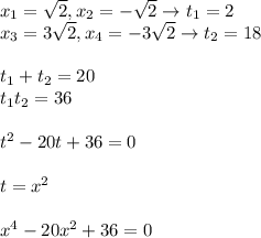 x_1=\sqrt2, x_2=-\sqrt2 \rightarrow t_1=2 \\ x_3=3\sqrt2,x_4=-3\sqrt2 \rightarrow t_2=18 \\ \\ t_1+t_2=20 \\ t_1t_2=36 \\ \\ t^2-20t+36=0 \\ \\ t=x^2 \\ \\ x^4-20x^2+36=0