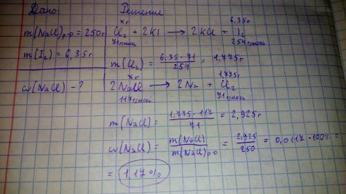Хлор,полученный при электролизе 250 г раствора nacl,пропустили через избыток раствора ki и получили