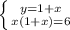 \left \{ {y}{=1+x}} } \atop {x(1+x)=6}} \right.