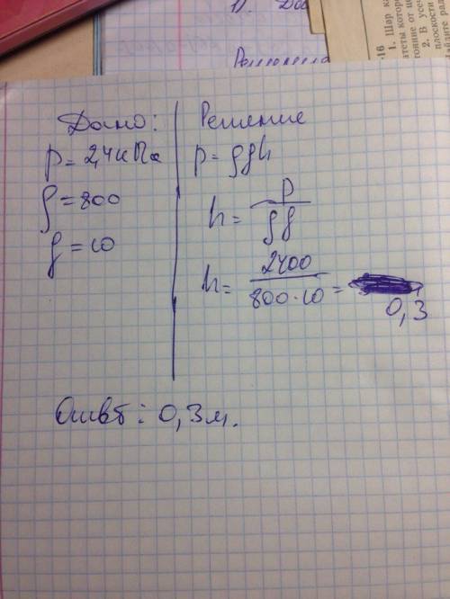 Керосин в цистерне 2.4 кпа. найти высоту