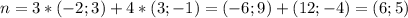 n=3*(-2;3)+4*(3;-1)=(-6;9)+(12;-4)=(6;5)