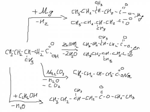 Напишите уравнение реакции 3-метилпентановой кислоты с: а) магнием; б) гидроксидом цинка; в) карбона