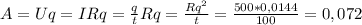 A=Uq=IRq=\frac{q}{t}Rq=\frac{Rq^2}{t}=\frac{500*0,0144}{100}=0,072