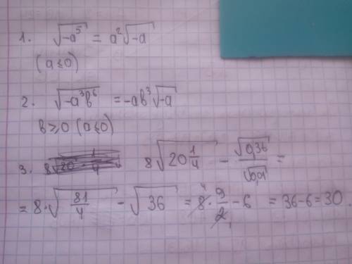 Вынесите множитель из под знака корня 1. √-а5 2.√-а3 b6 при b≥0 найдите значение выражения 8√20 1/4