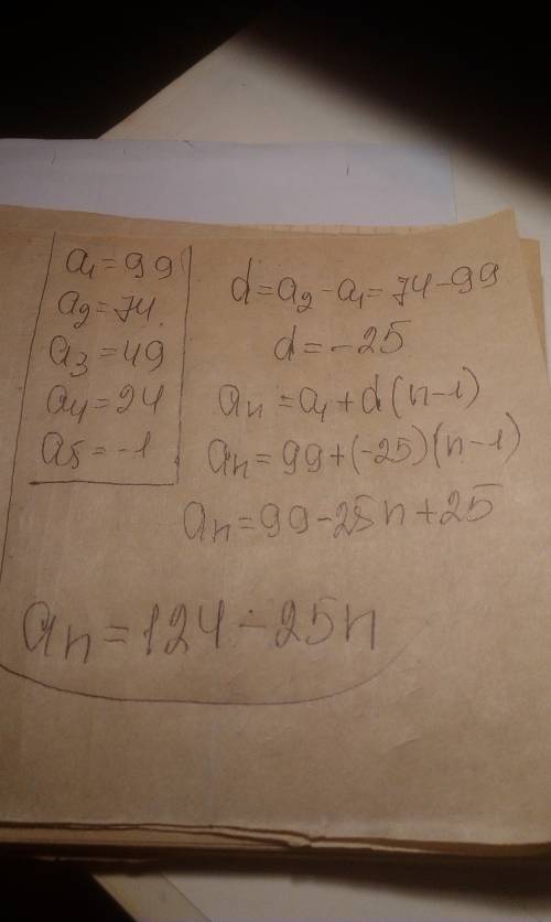 Укажите одну из возможных формул n-ого члена последовательности 99,74,49,24,-