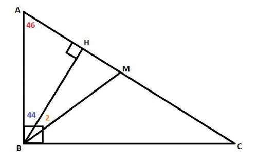 Один из острых углов прямоугольного треугольника равен 46°. найдите градусную меру угла между высото