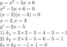 y=x^2-5x+6 \\ x^2-5x+6=0 \\ (x-2)(x-3)=0 \\ x=2,x=3 \\ y'=2x-5 \\ 1)~k_1=2*2-5=4-5=-1 \\ 2)~k_2=2*3-5=6-5=1 \\ k_1+k_2=-1+1=0