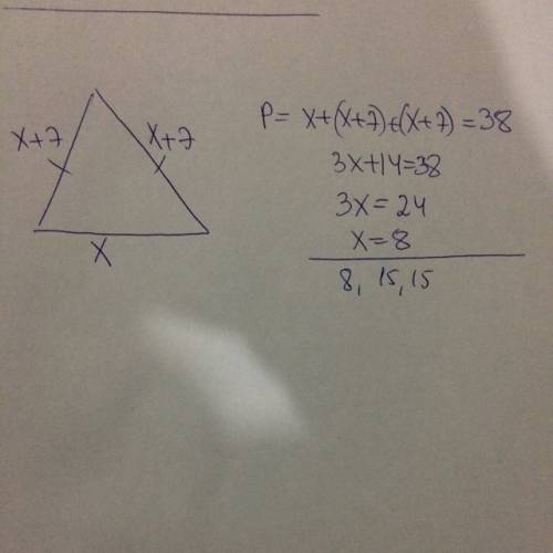 Вравнобедренном треугольнике боковая сторона на 7см больше основания. найдите его стороны,если перим