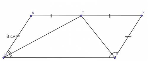 Мnкр — параллелограмм, мт — биссектриса угла nмр, рт—биссектриса угла мрк, мn=8 см. найдите периметр