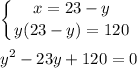 \displaystyle \left \{ {{x=23-y} \atop {y(23-y)=120}} \right. \\ \\ y^2-23y+120=0