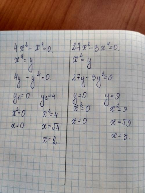 Как решить уравнение: 4x²-x⁴=0 и 27x²-3x⁴=0