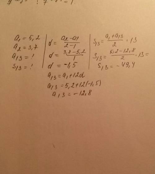Найдите тринадцатый член арифметической прогрессии 5,2; 3,7; 2,2; … . вычислите сумму первых тринадц