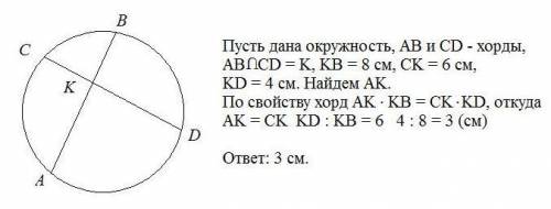 Хорды ab и cd окружности пересекаются в точке k, найдите отрезок ak,если kb=8см, ck=6см,kd=4см.