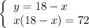 \left\{ \begin{array}{ll}y=18-x\\x(18-x)=72\end{array}