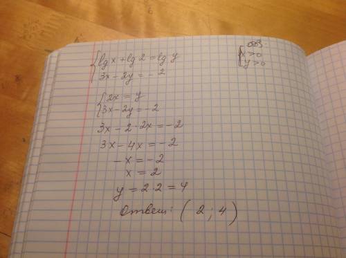Решите систему уравнений: {lgx+lg2=lgy, 3x-2y=-2