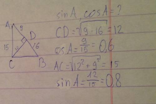 Отрезок cd — высота треугольника abc, причем ∠c = 90º, ad = 9 см и db = 16 см. найдите sin a и cos a