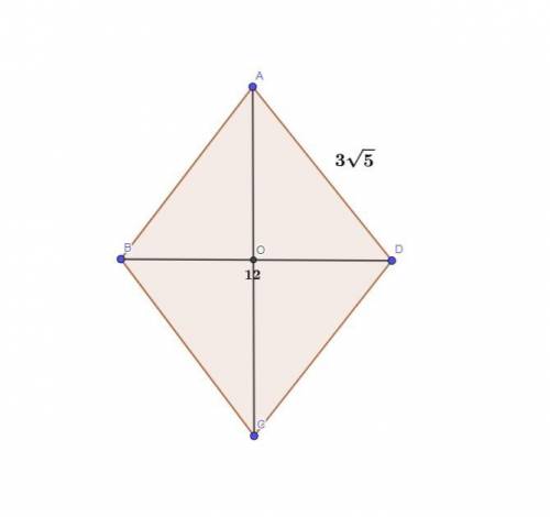 1)сторона ромба равна 3корень5 см,а одна из диагоналей-12см.найдите вторую диагональ ромба.