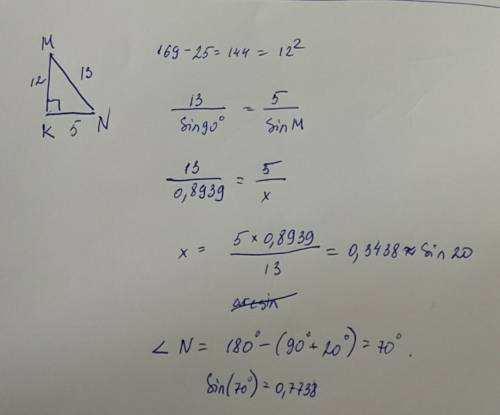 Втреугольнике mnk угол k=90градусов, mn=13см,nk=5см.найдите синусы,косинусы,тангенсы углов m и n
