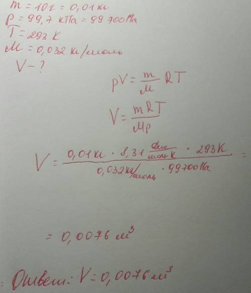 Какой обьем занимает кислород массой 10 г при давлении 99.7 кпа и температуре 293 к