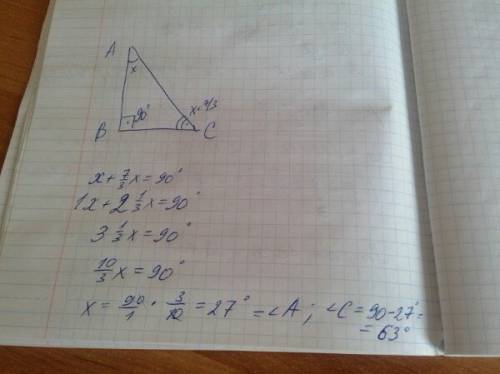 Один острый угол прямоугольного треугольника в 7 /3 раза больше другого .найдите больший острый угол