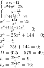 \left \{ {{x*y=12,} \atop { x^{2} + y^{2}=25; }} \right. \\ \left \{ {{y= \frac{12}{x} } \atop { x^{2} + ( \frac{12}{x} )^{2}=25; }} \right. \\ x^{2} + \frac{144}{ x^{2} }=25; \\ \frac{ x^{4}+144-25 x^{2} }{ x^{2} }=0; \\ x^{4}-25 x^{2} +144=0; \\ x^{2} =t; \\ t^{2}-25t+144=0; \\ D=625-576=49; \\ t_{1}= \frac{25-7}{2}=9; \\ t_{2}= \frac{25+7}{2}=16;