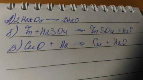 Написать уравнения реакций согласно схемам, указать тип реакций: а) h2 + o2→ ? б) zn + h2so4 → znso4