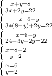 \left \{ {{x+y=8} \atop {3x+2y=22}} \right. \\ \left \{ {{x=8-y} \atop {3*(8-y)+2y=22}} \right. \\ \left \{ {{x=8-y} \atop {24-3y+2y=22}} \right. \\ \left \{ {{x=8-2} \atop {y=2}} \right. \\ \left \{ {{x=6} \atop {y=2}} \right.