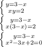 \left \{ {y={3-x} \atop {xy=2}} \right.\\ \left \{ {{y=3-x} \atop {x(3-x)=2}} \right. \\ \left \{ {{y=3-x} \atop { x^{2}-3x+2=0 }} \right.