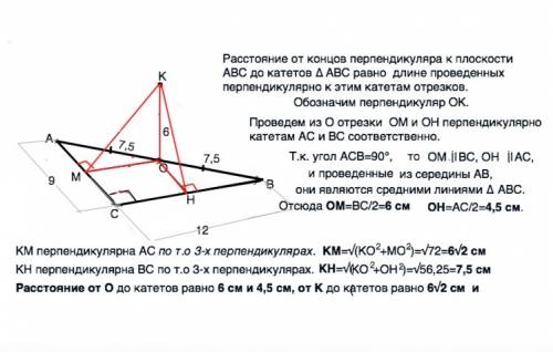 Катети прямокутного трикутника авс дорівнюють 9 і 12 см. через середину гіпотенузи — точку о проведе