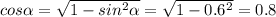cos \alpha = \sqrt{1-sin^{2} \alpha } = \sqrt{1-0.6^{2}}=0.8&#10;