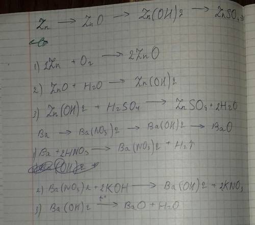 2. осуществите цепочку превращений: zn zno zn(oh)2 znso4 ba ba(no3)2 ba(oh)2 bao