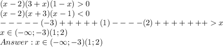 (x-2)(3+x)(1-x) 0\\(x-2)(x+3)(x-1) < 0\\-----(-3)+++++(1)----(2)+++++++x\\x \in (-\infty; -3)(1;2)\\Answer: x \in (-\infty; -3)(1;2)