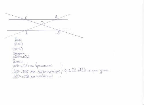 Хелп прямые ab и cd пересекаются в точке o,докажите что если ac||bd и ao||ob,то треугольник aoc=odb