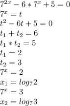 7^{2x}-6*7^x+5=0 \\ 7^x=t \\ t^2-6t+5=0 \\ t_1+t_2=6 \\ t_1*t_2=5 \\ t_1=2 \\ t_2=3 \\ 7^x=2 \\ x_1=log_72 \\ 7^x=3 \\ x_2=log_73