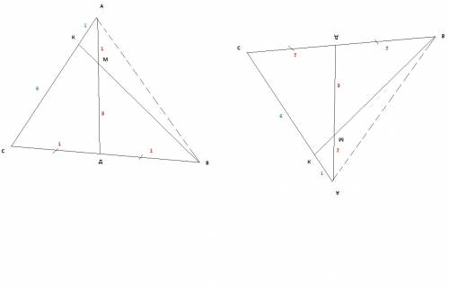 На медиане ad треугольника abc взята точка m, причем am: md=1: 3. прямая md пересекает отрезок ac в