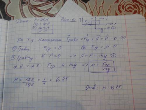 Тело равномерно движется по плоскости. сила давления тела на плоскость равна 40 h, сила трения 10 h.