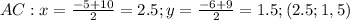 AC: x=\frac{-5+10}{2} =2.5;y= \frac{-6+9}{2} =1.5; (2.5;1,5)