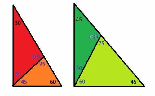 Есть два бумажных прямоугольных треугольника, красный и зеленый. у красного углы равны 30 градусов,