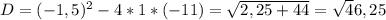 D= (-1,5) ^{2} -4*1*(-11)= \sqrt{2,25+44} = \sqrt 46,25