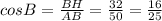 cosB = \frac{BH}{AB} = \frac{32}{50} = \frac{16}{25}
