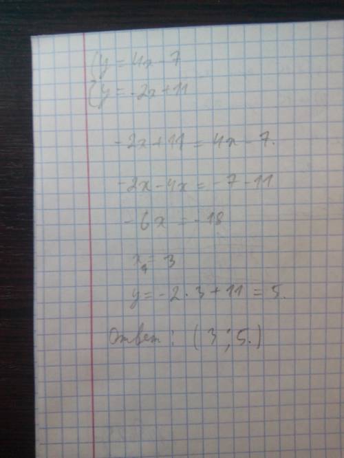 Не выполняя построения, найдите координаты точек пересечения графиков функции у=4х-7 и у=-2х+11