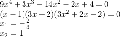 9x^4+3x^3-14x^2-2x+4=0 \\&#10;(x-1)(3x+2)(3x^2+2x-2) = 0\\&#10;x_1 = -\frac{2}{3} \\&#10;x_2 = 1 \\