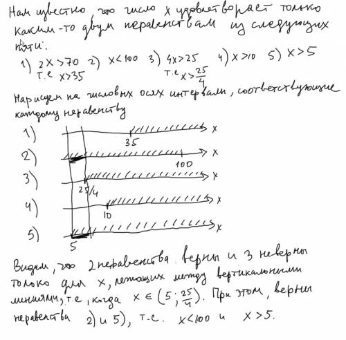 Из неравенства 1) 2х> 70 2) х< 100 3) 4х> 25 4) х> 10 5) х> 5 два верных и 3 неверных