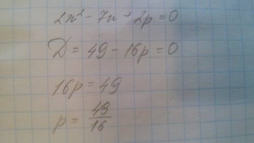 При каких значениях параметра р квадратное уравнение 2х^2-7х+2р=0 имеет только один корень