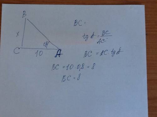 Втреугольнике авс угол с=90°, ас=10, tga=0,8. найдите вс