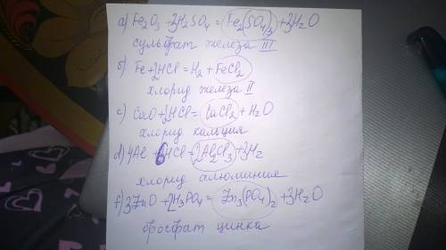Закончите уравнения реакций с участием кислот и названия образующихся солей: а)fe2 o3+h2so4= b)fe+hc
